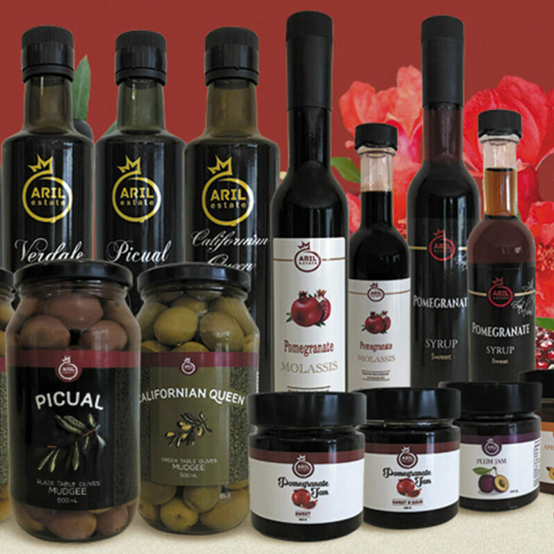 Olives, pomegranates, olive oil, balsamic vinegar, olive oil, balsamic vinegar, olive oil,.